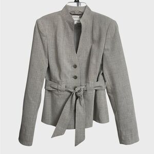 Calvin Klein Women's Button Up Jacket Sz 6 Grey Tie Belt Mock Neck Lined Preppy